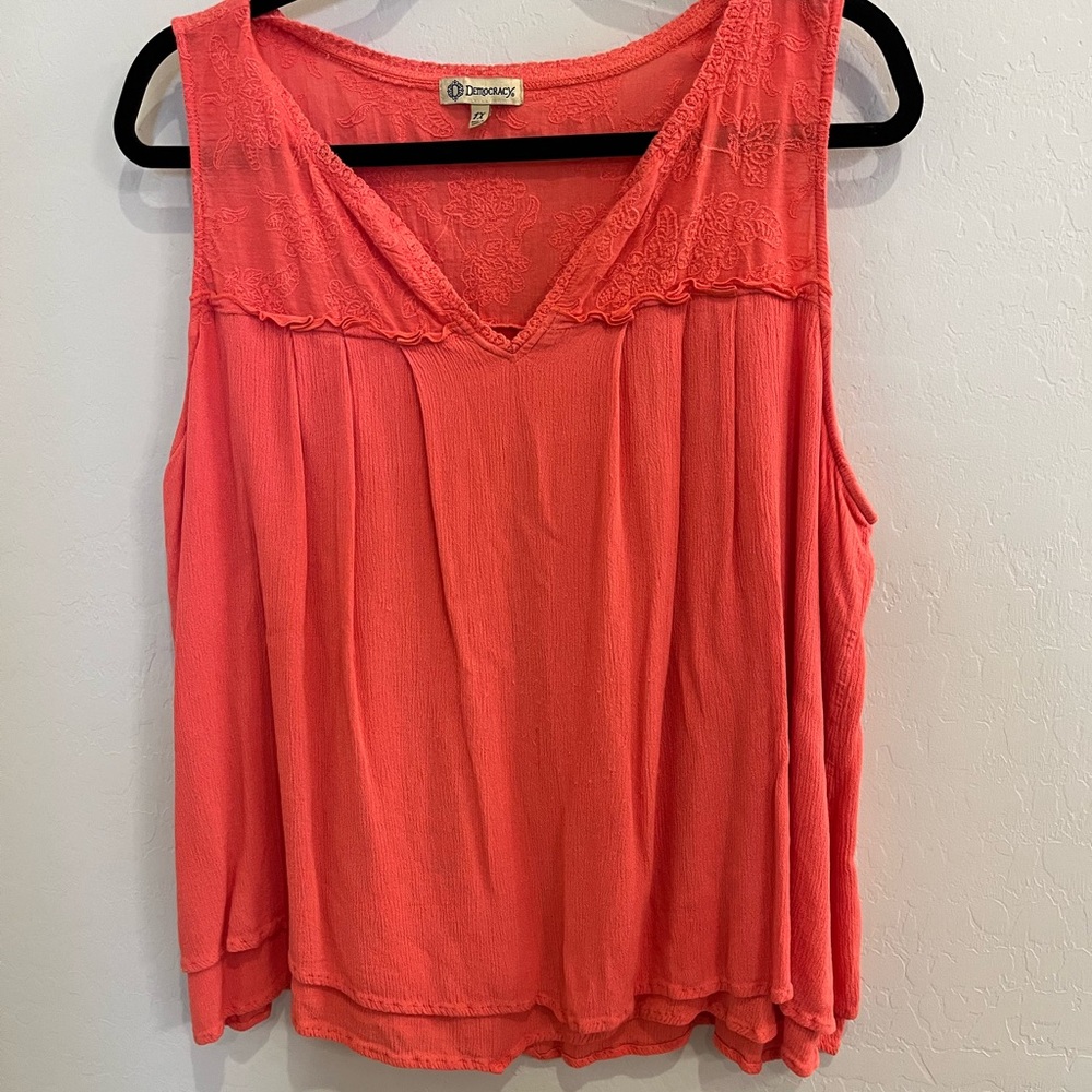 Democracy Vibrant Coral Lace-Trim Blouse